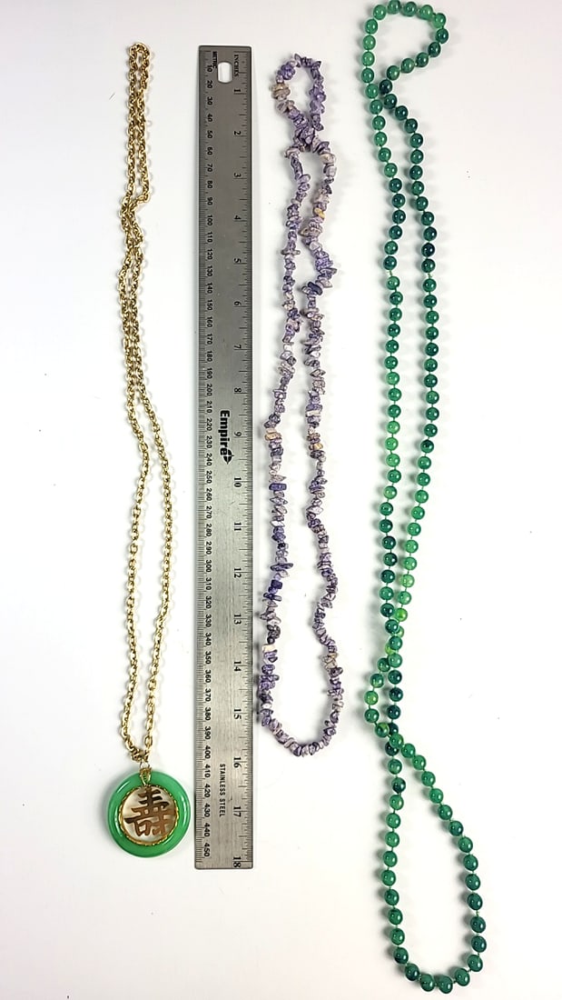 3 Necklace Lot: Gold-Tone Green Chinese Character Pendant, Purple Chip Beads, Green Beads - 2
