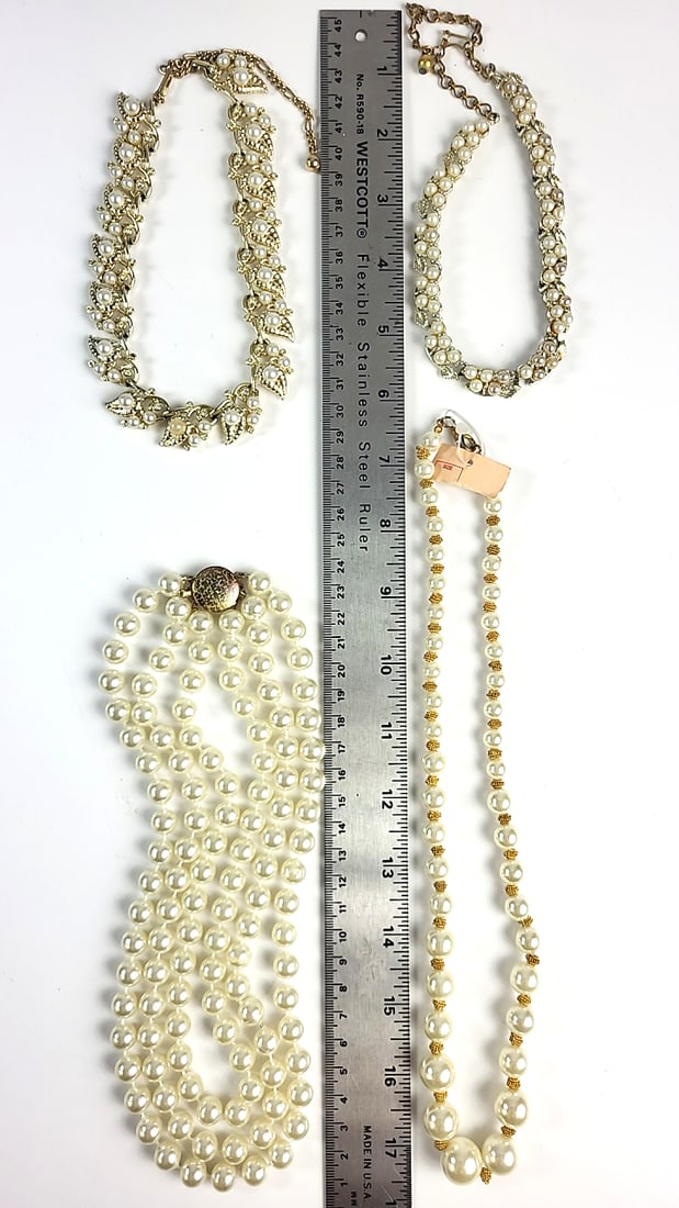 4-Piece Faux Pearl Gold-Tone Necklace Lot with Rhinestone Leaf and Multi-Strand Designs - 2