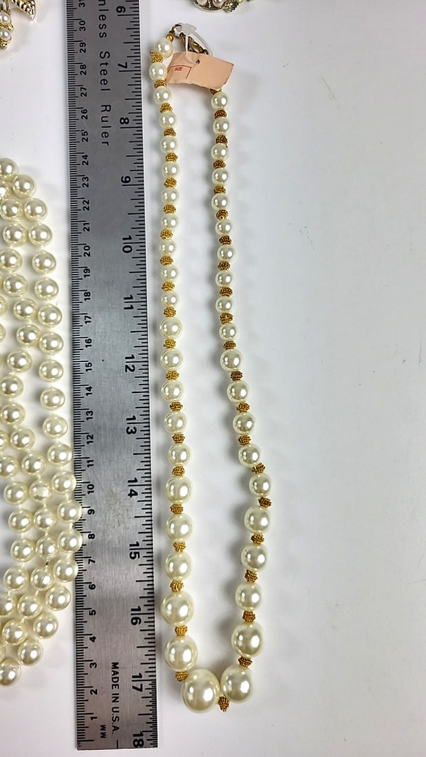 4-Piece Faux Pearl Gold-Tone Necklace Lot with Rhinestone Leaf and Multi-Strand Designs - 4