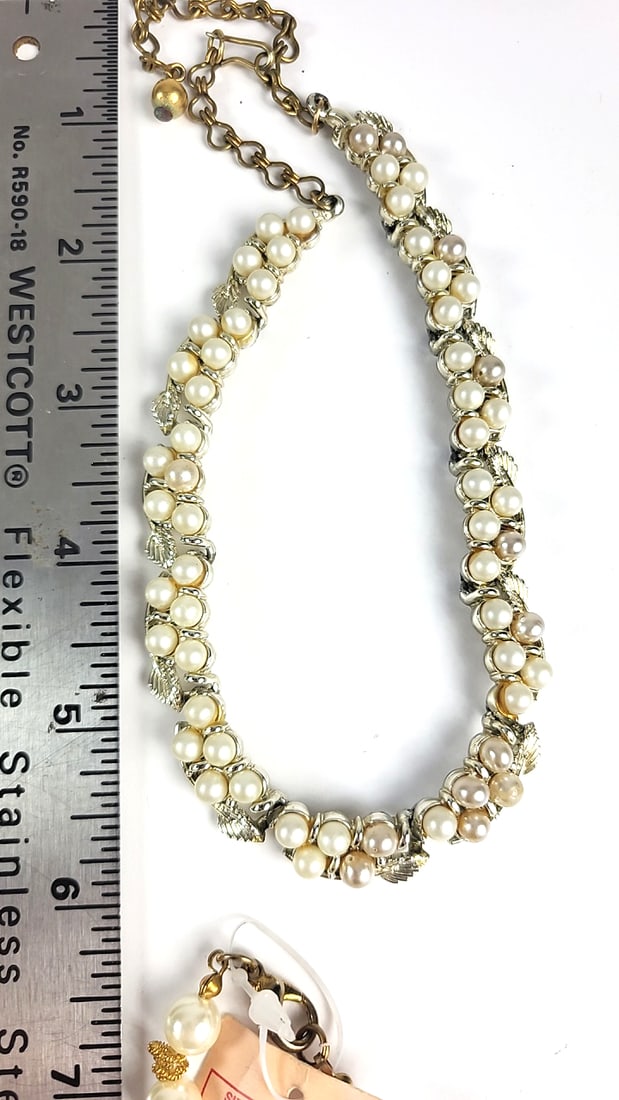 4-Piece Faux Pearl Gold-Tone Necklace Lot with Rhinestone Leaf and Multi-Strand Designs - 6