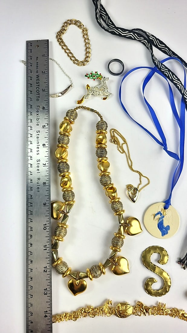 Assorted Costume Jewelry Lot: Gold-Tone Necklaces, Bracelets, Brooches, Red Cross Pins & Tassel B... - 2