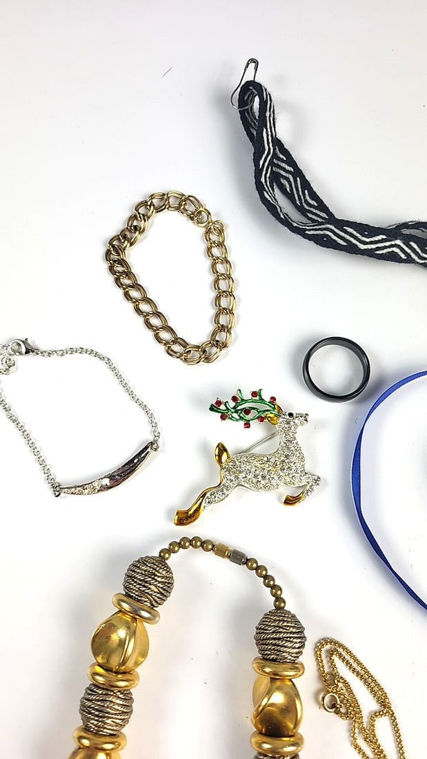 Assorted Costume Jewelry Lot: Gold-Tone Necklaces, Bracelets, Brooches, Red Cross Pins & Tassel B... - 3