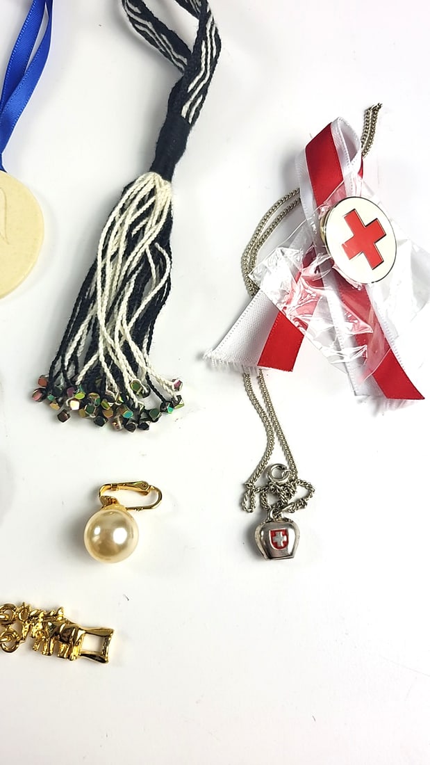 Assorted Costume Jewelry Lot: Gold-Tone Necklaces, Bracelets, Brooches, Red Cross Pins & Tassel B... - 5