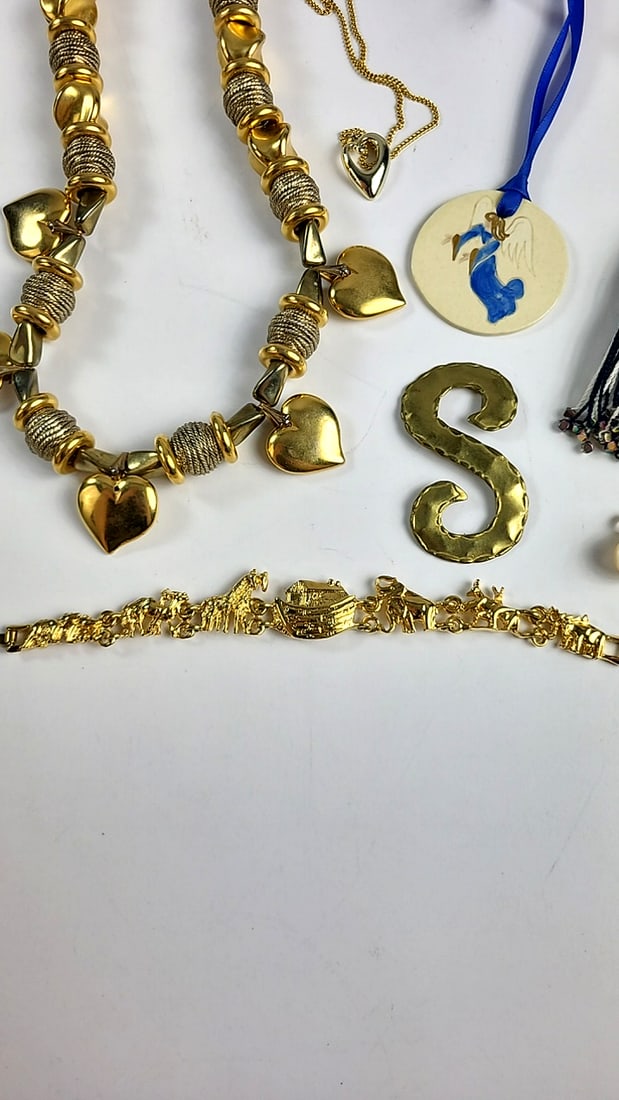 Assorted Costume Jewelry Lot: Gold-Tone Necklaces, Bracelets, Brooches, Red Cross Pins & Tassel B... - 6