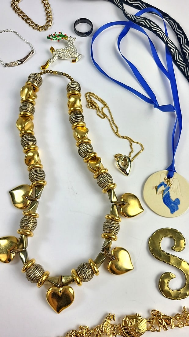 Assorted Costume Jewelry Lot: Gold-Tone Necklaces, Bracelets, Brooches, Red Cross Pins & Tassel B... - 7