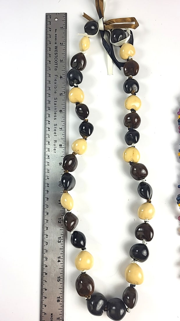 Lot of 2 Beaded Necklaces Hawaiien Lei Kukui Nuts Multicolor Corn Kernel Beads - 2