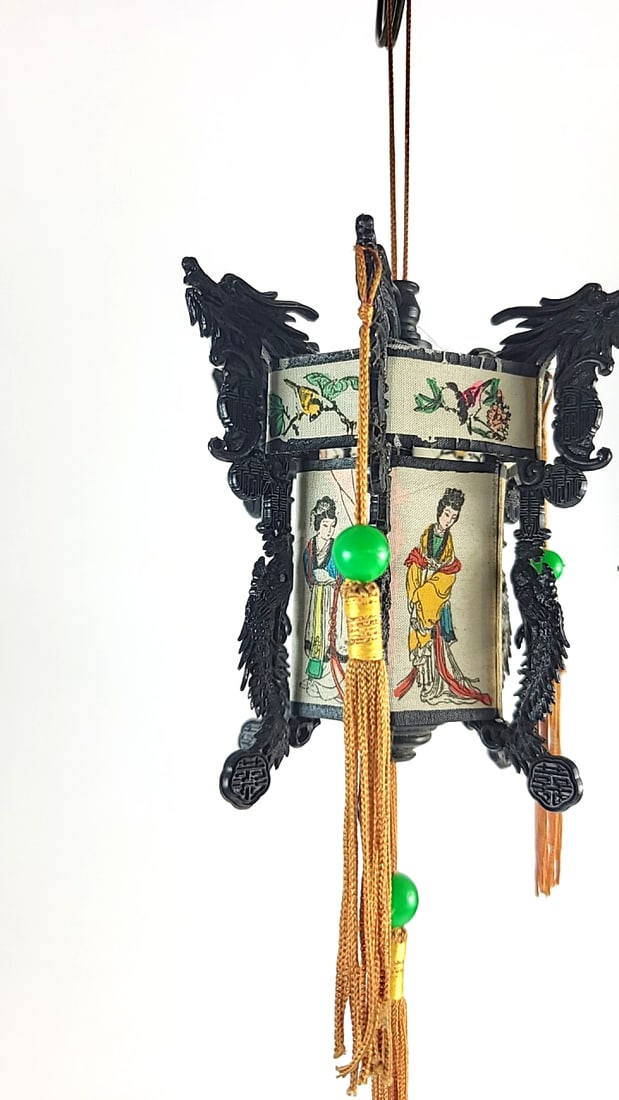 Chinese Hanging Lantern Ornament Black Frame Painted Silk Panels Orange Tassels Green Beads - 2
