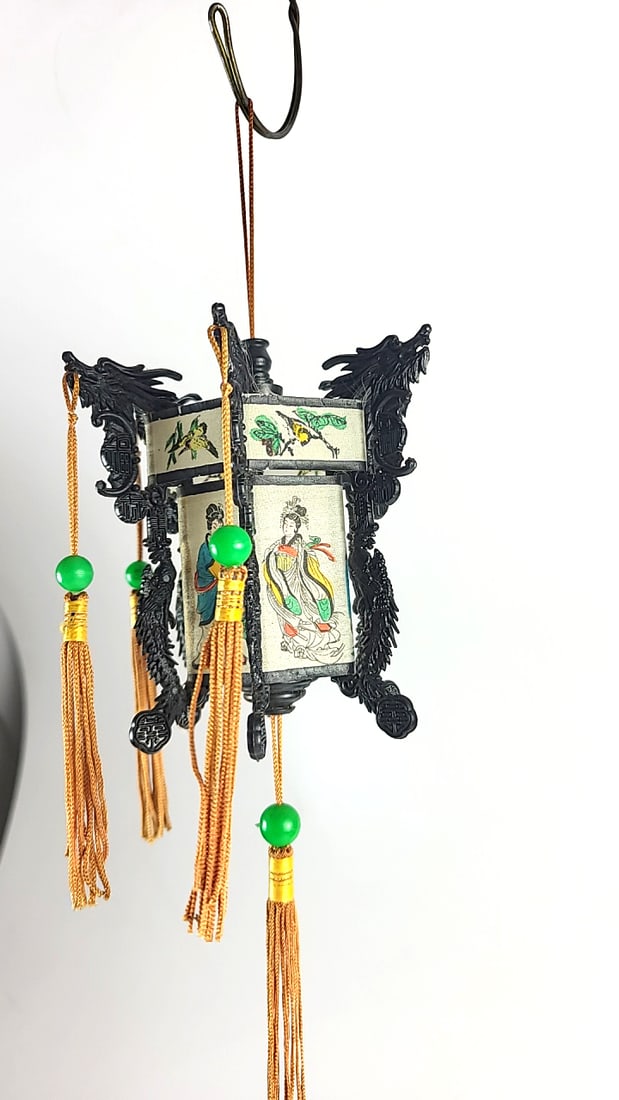 Chinese Hanging Lantern Ornament Black Frame Painted Silk Panels Orange Tassels Green Beads - 3