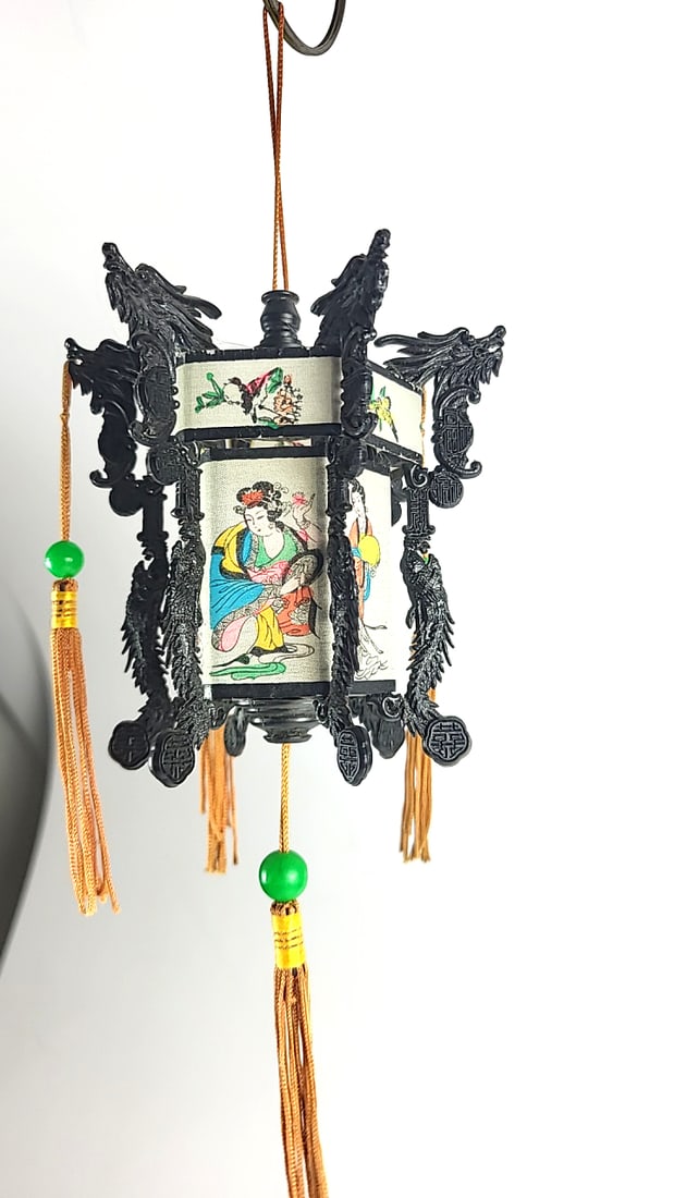 Chinese Hanging Lantern Ornament Black Frame Painted Silk Panels Orange Tassels Green Beads - 4