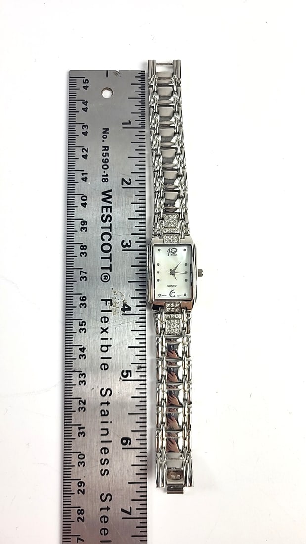 BWC Women's Quartz Rectangular Silver-Tone Bracelet Watch with Crystal Accents - 3