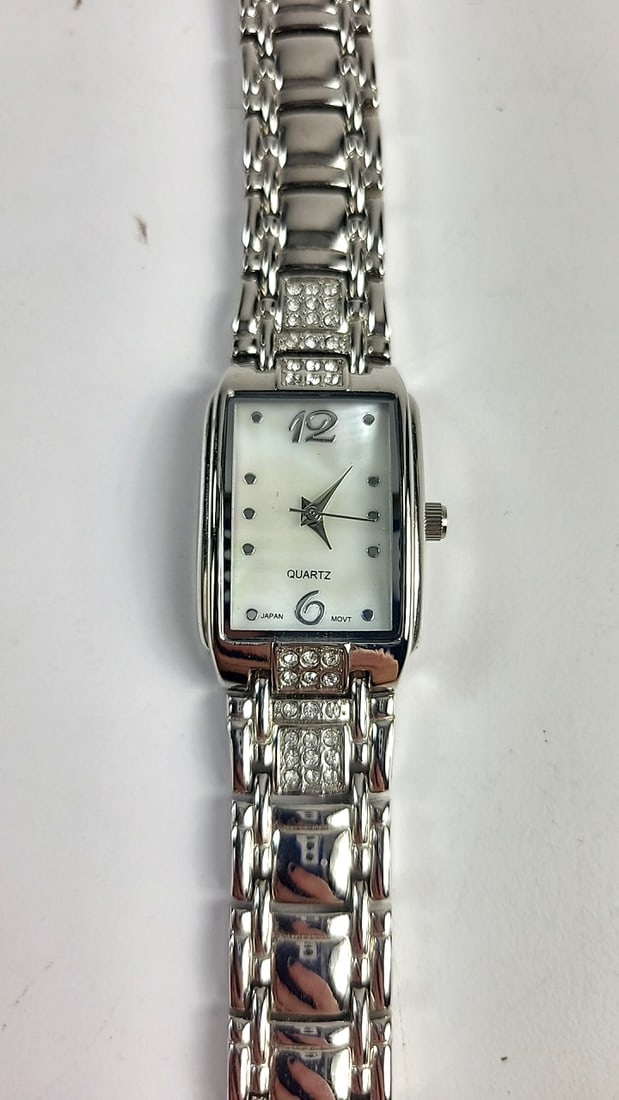 BWC Women's Quartz Rectangular Silver-Tone Bracelet Watch with Crystal Accents - 4