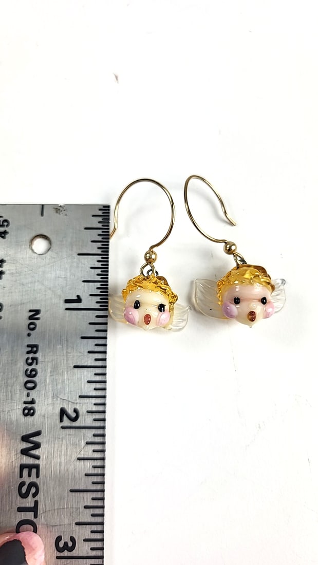 Lampwork Gold-Tone Hook Dangle Earrings with Glass Cherub Angel Wing Charms - 2