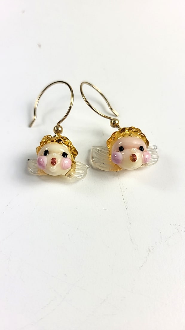 Lampwork Gold-Tone Hook Dangle Earrings with Glass Cherub Angel Wing Charms - 3