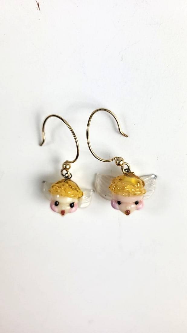 Lampwork Gold-Tone Hook Dangle Earrings with Glass Cherub Angel Wing Charms - 4