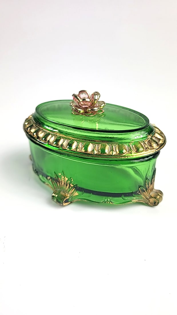 Green Oval Glass Trinket Box with Gold-Tone Trim and Rhinestone Flower Lid - 3