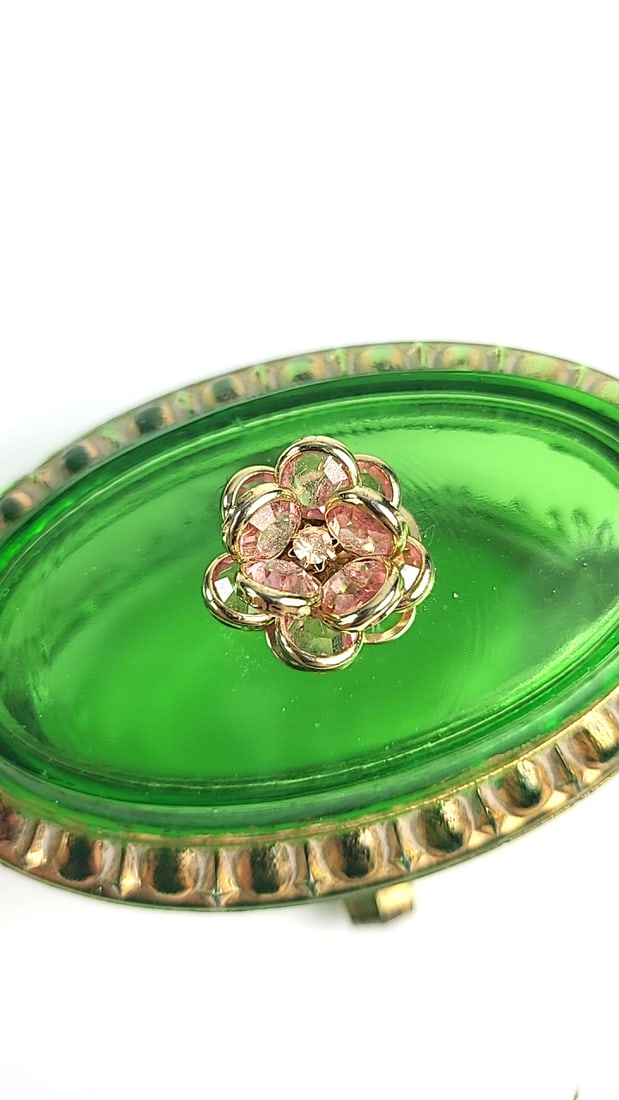 Green Oval Glass Trinket Box with Gold-Tone Trim and Rhinestone Flower Lid - 4