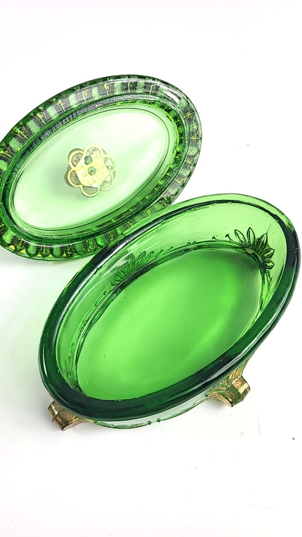Green Oval Glass Trinket Box with Gold-Tone Trim and Rhinestone Flower Lid - 5