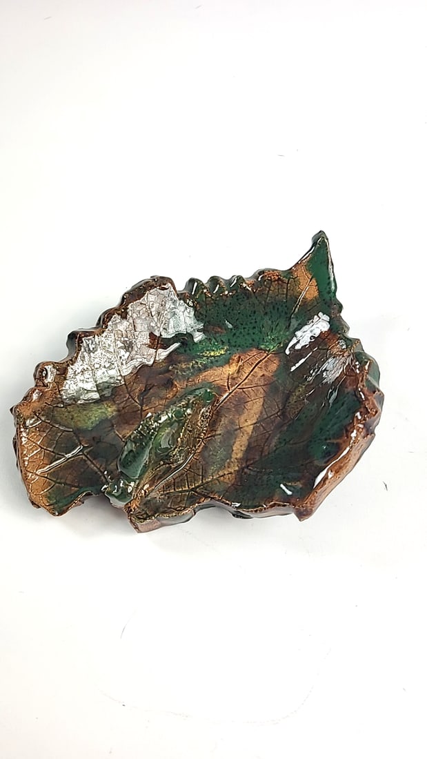 Glazed Ceramic Leaf-Shaped Dish, Green Brown, Approx. 5 in - 2