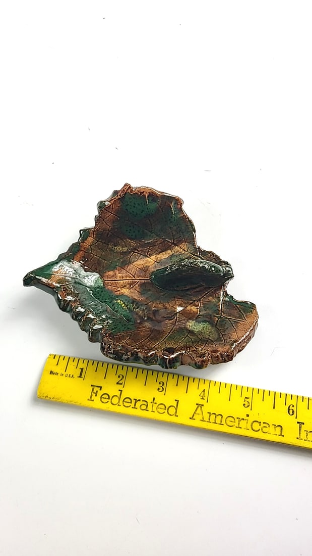 Glazed Ceramic Leaf-Shaped Dish, Green Brown, Approx. 5 in - 4