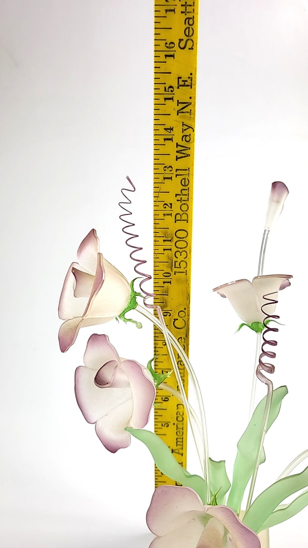 80's Plastic Pink Flower Bouquet Sculpture with Green Leaves on Square Base - 2