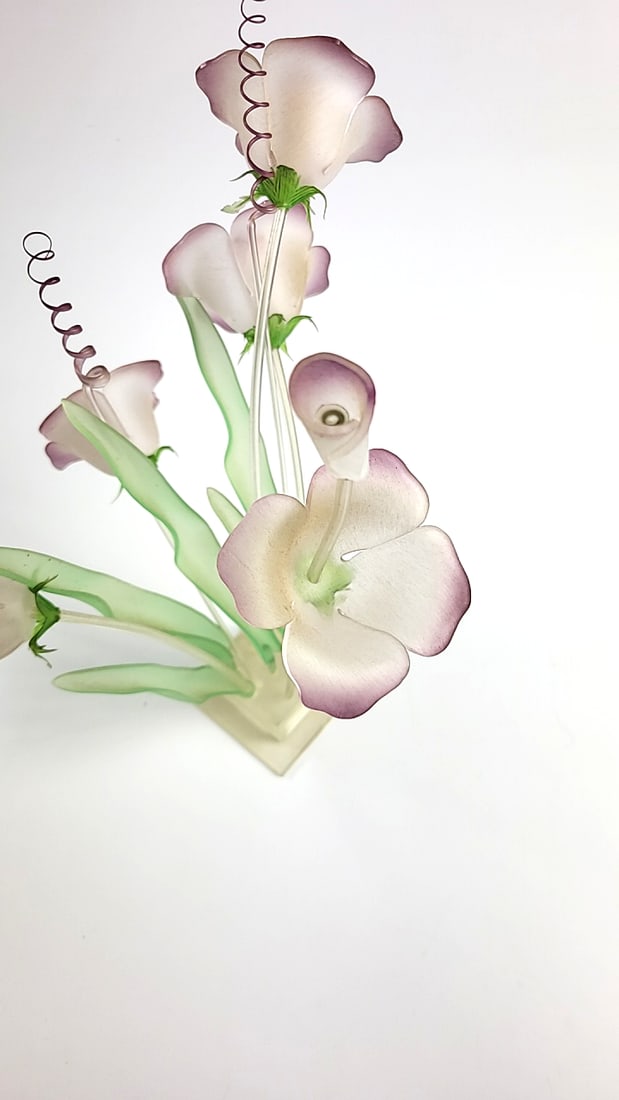 80's Plastic Pink Flower Bouquet Sculpture with Green Leaves on Square Base - 3