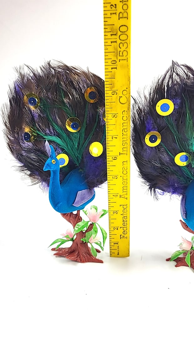 Pair of Blue Peacock Figurines with Feather Tails and Floral Tree Bases, 11 in - 2
