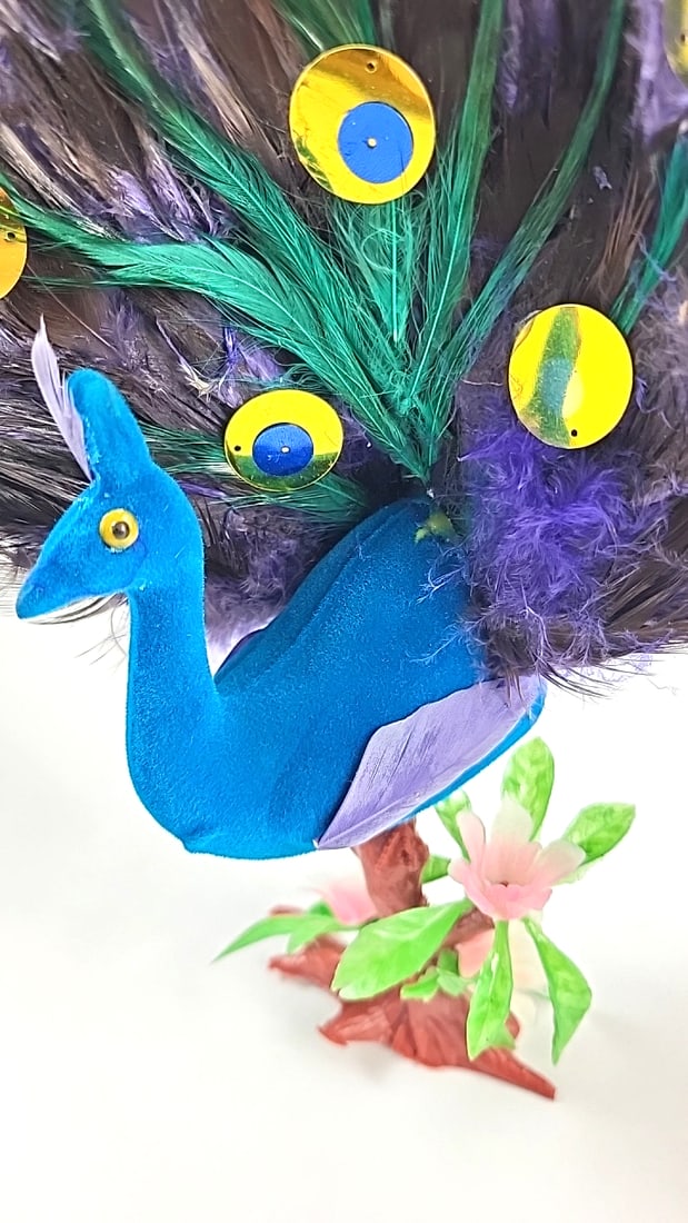 Pair of Blue Peacock Figurines with Feather Tails and Floral Tree Bases, 11 in - 3