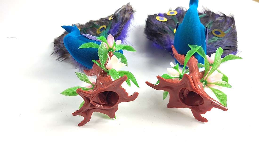 Pair of Blue Peacock Figurines with Feather Tails and Floral Tree Bases, 11 in - 4