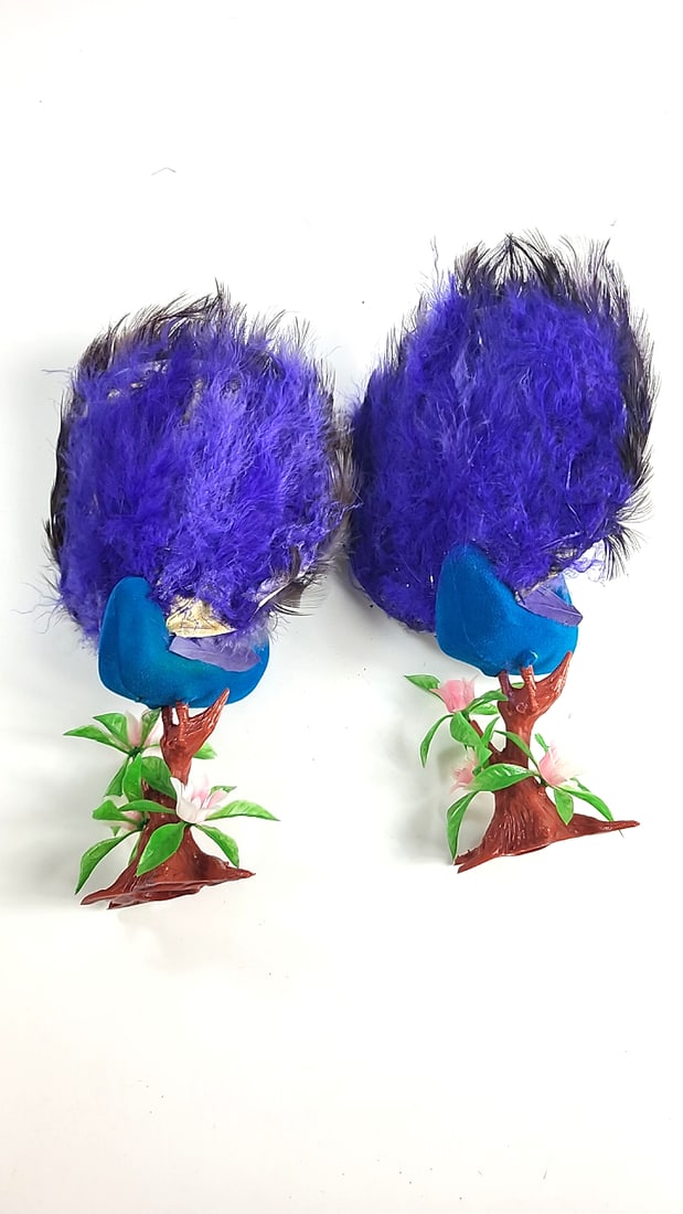 Pair of Blue Peacock Figurines with Feather Tails and Floral Tree Bases, 11 in - 5