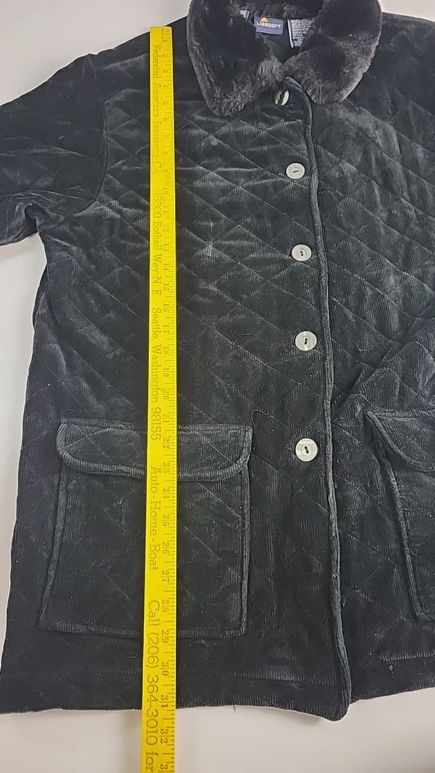 Lizsport Black Quilted Corduroy Jacket Faux Fur Collar & Cuffs - 5