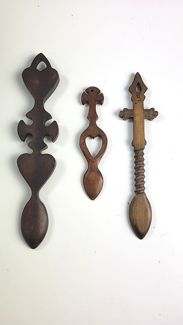 Lot of 3 Carved Wooden Love Spoons with Heart and Cross Designs - 2