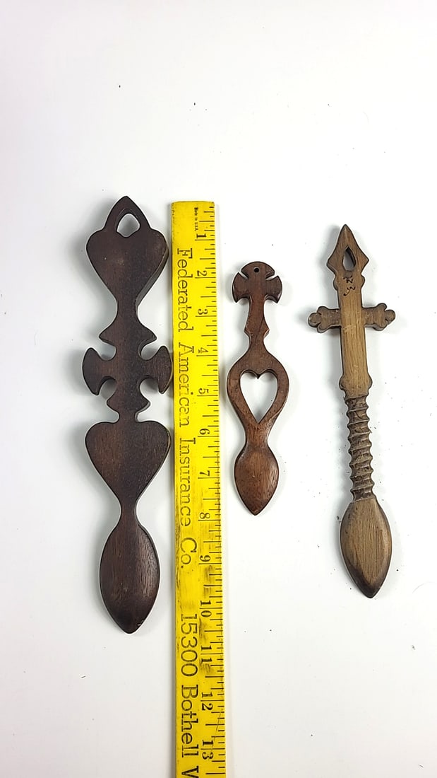 Lot of 3 Carved Wooden Love Spoons with Heart and Cross Designs - 3