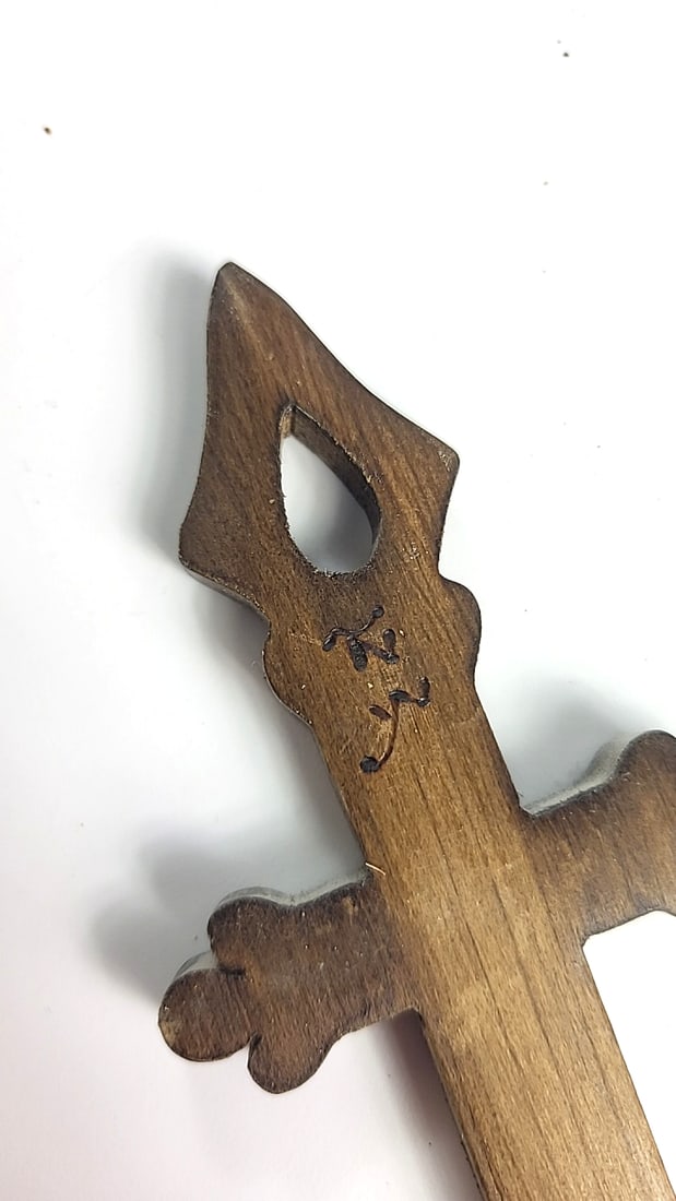 Lot of 3 Carved Wooden Love Spoons with Heart and Cross Designs - 4