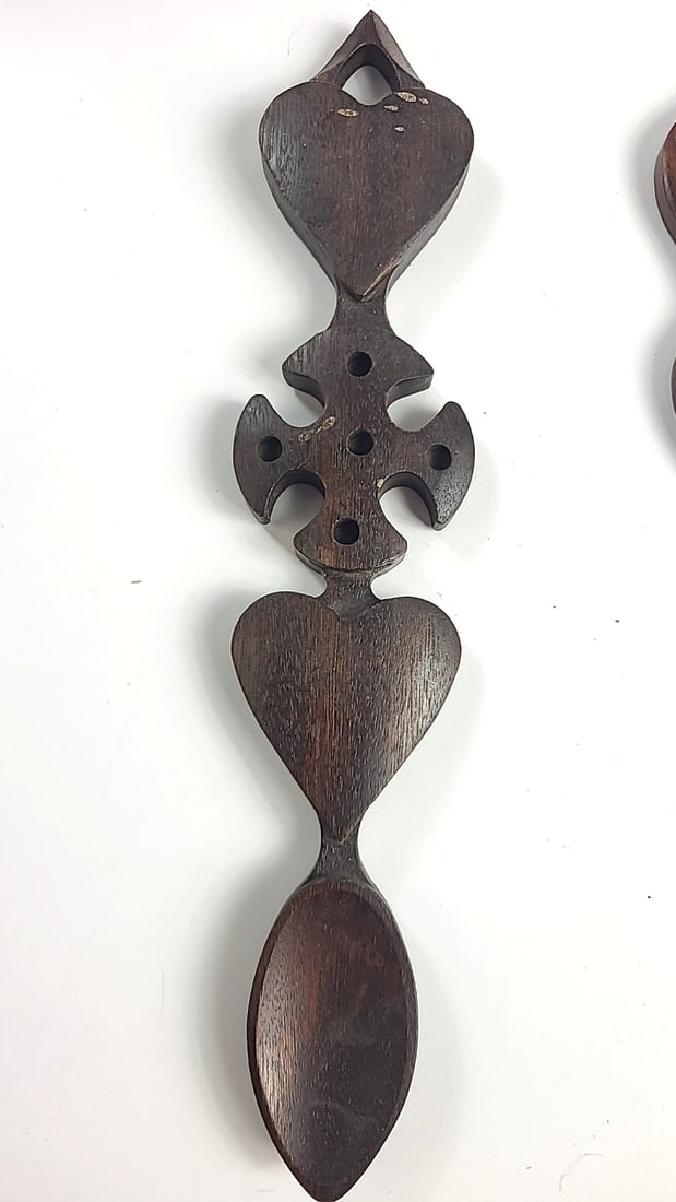 Lot of 3 Carved Wooden Love Spoons with Heart and Cross Designs - 5