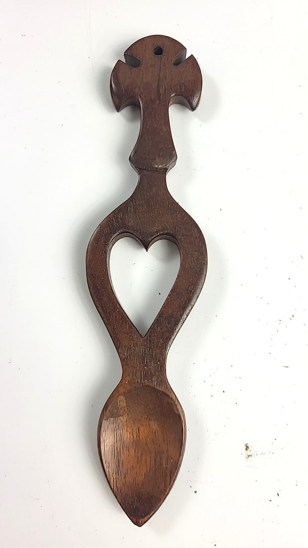 Lot of 3 Carved Wooden Love Spoons with Heart and Cross Designs - 6