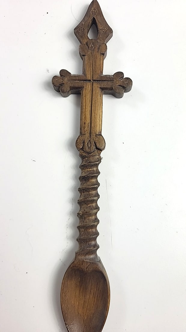 Lot of 3 Carved Wooden Love Spoons with Heart and Cross Designs - 7