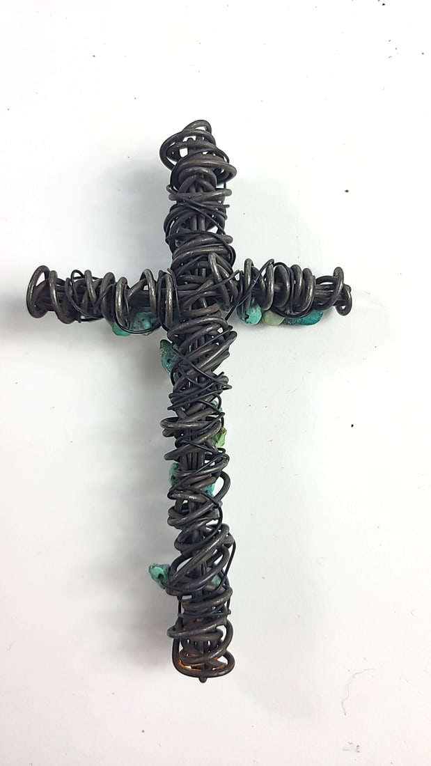 Black Wire-Wrapped Turquoise Stone Cross, Approx. 4.5 in - 2