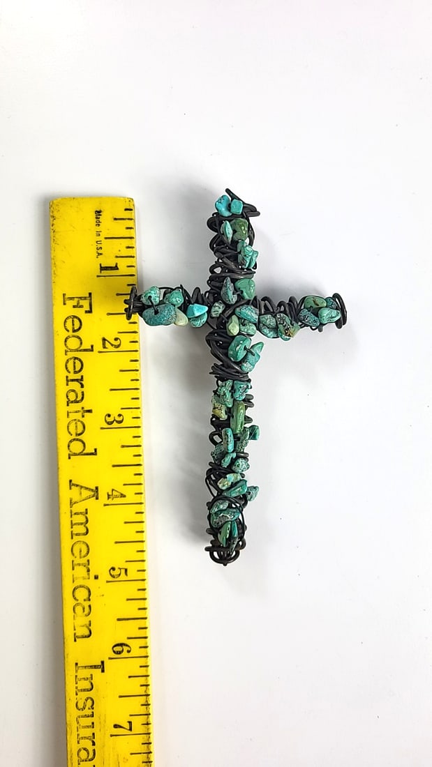Black Wire-Wrapped Turquoise Stone Cross, Approx. 4.5 in - 3