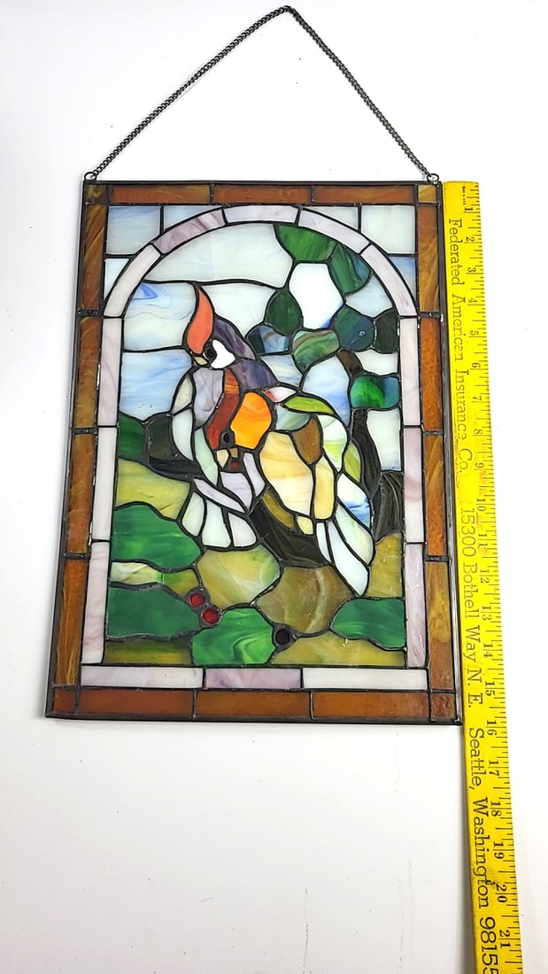 Stained Glass Hanging Window Panel with Cardinal Birds and Chain, Approx. 11 x 16 in - 2
