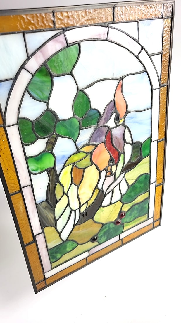 Stained Glass Hanging Window Panel with Cardinal Birds and Chain, Approx. 11 x 16 in - 4