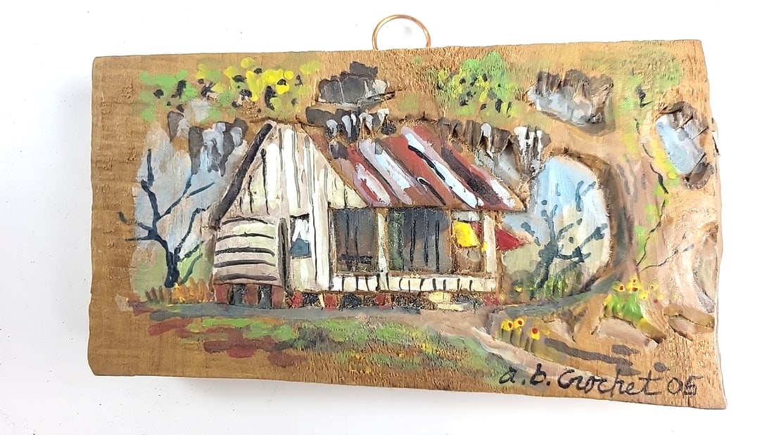 L.B. Crochet Citerne Handmade Wood Relief Wall Plaque: 7 x 4 x 1 0.3 lb Low Estimate: 20.00 High Estimate: 40.00