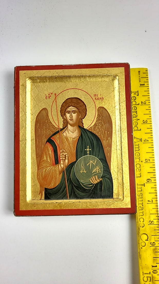 Byzantine Archangel Michael Icon Wood Plaque with Gold Background - 2