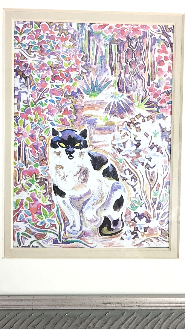 Framed Cat in Garden Watercolor Artwork, Matted, Textured Frame - 2