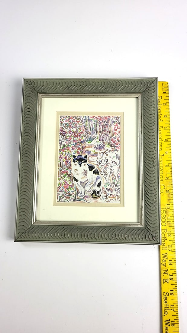 Framed Cat in Garden Watercolor Artwork, Matted, Textured Frame - 3