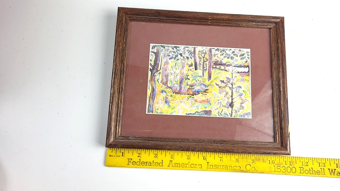 Framed Watercolor Forest Landscape Artwork with Wood Frame and Maroon Mat - 2