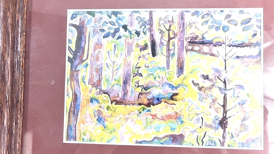 Framed Watercolor Forest Landscape Artwork with Wood Frame and Maroon Mat - 3