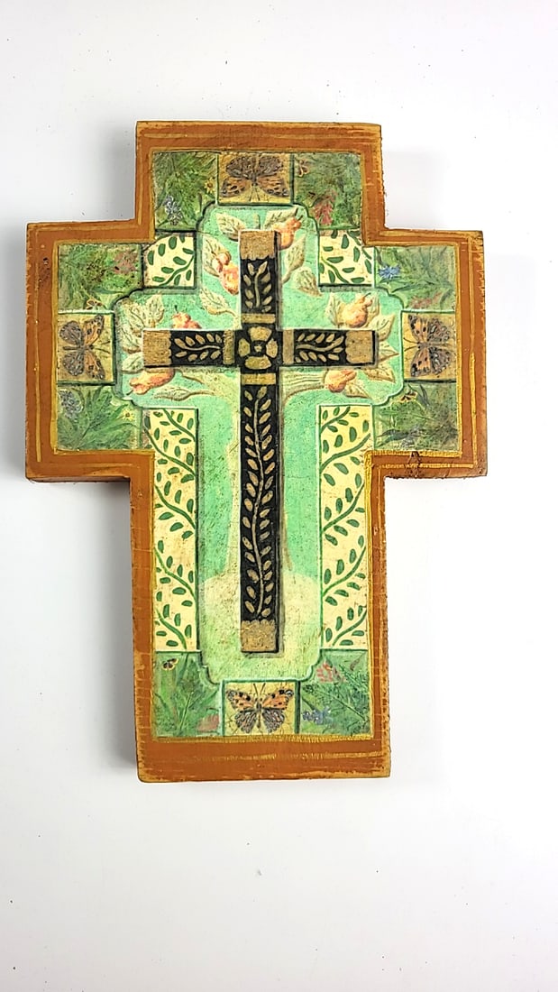 Decorative Wooden Wall Cross with Floral Butterfly Design: 6 x 8 x 0.5 1 lb Low Estimate: 25.00 High Estimate: 35.00