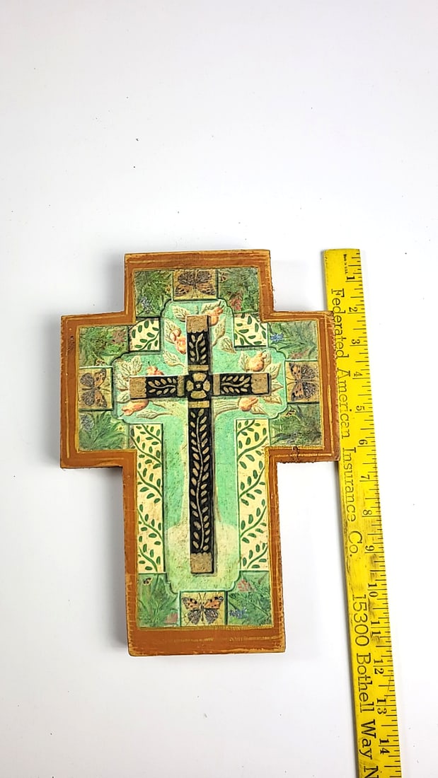 Decorative Wooden Wall Cross with Floral Butterfly Design - 2