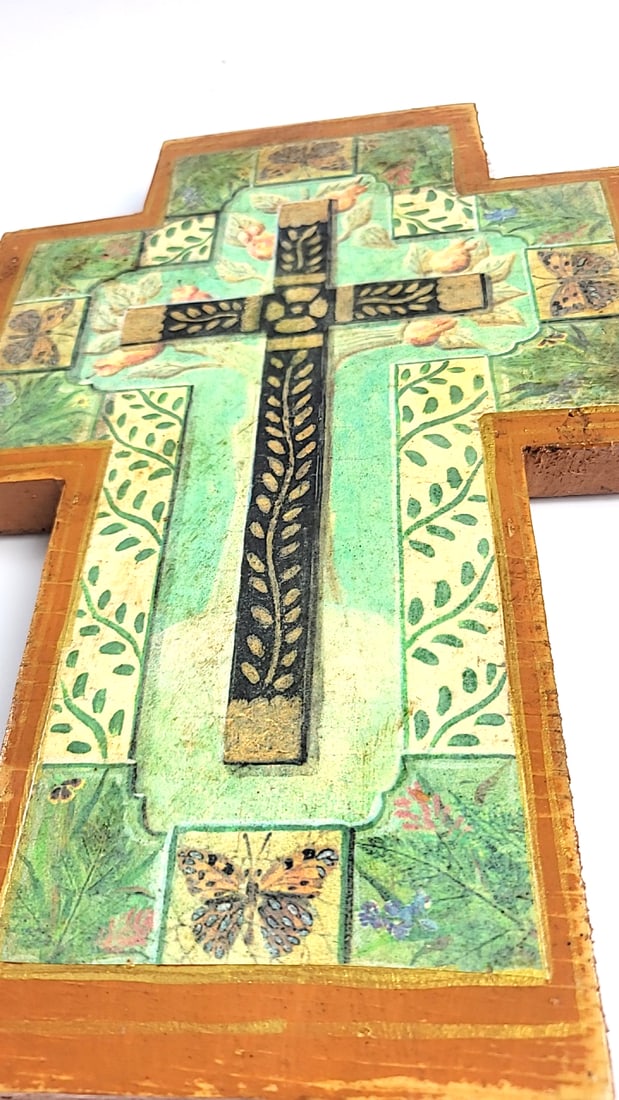 Decorative Wooden Wall Cross with Floral Butterfly Design - 3
