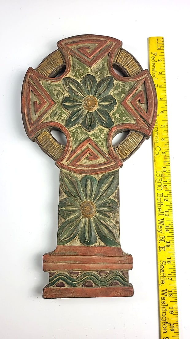 Carved Painted Wood Celtic Cross Wall Plaque, Floral Geometric Design - 2